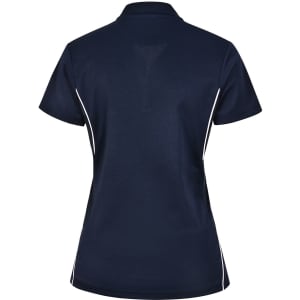 A navy polo shirt with short sleeves and white contrast detailing, featuring a logo on the back.