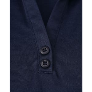 A navy blue ladies' sustainable poly/cotton polo shirt featuring a collar and two buttons.