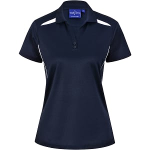 A navy blue ladies' polo shirt featuring contrast panels and a branded label at the collar.