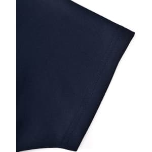 A close-up of a navy poly/cotton polo shirt showcasing the sleeve detail and stitching. The shirt features a logo.