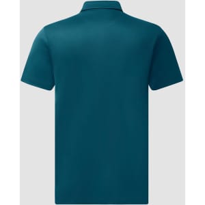 A teal sustainable jacquard knit short-sleeve polo shirt, featuring a collar and a branding logo.