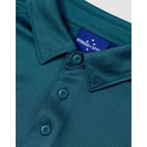 A teal sustainable jacquard knit short sleeve polo featuring a collar and button detail, with a logo on the inside.