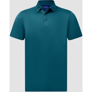 A teal men's sustainable jacquard knit short sleeve polo with a standard collar and one button placket.