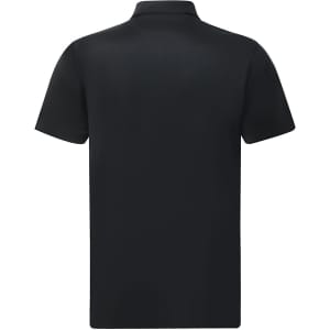 A black men's sustainable jacquard knit short-sleeve polo shirt featuring a collar and a logo.