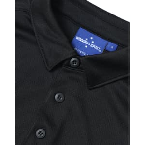 A black sustainable jacquard knit short-sleeve polo with a collar and buttons, featuring a branded tag.