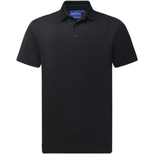 A black men's sustainable jacquard knit short sleeve polo with a collar and a logo on the label.
