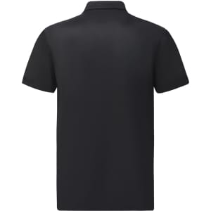 A black men's sustainable jacquard knit short-sleeve polo shirt with a plain back and a collar.