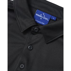 A black short-sleeve polo with a textured jacquard knit and a collar, featuring buttons and a tag with branding.