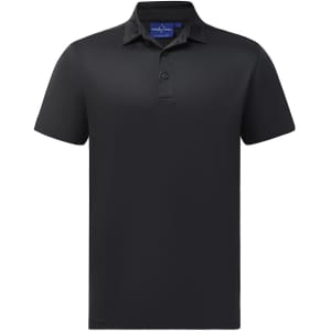 A black men's sustainable jacquard knit short-sleeve polo with a collar and three-button placket, featuring a logo.