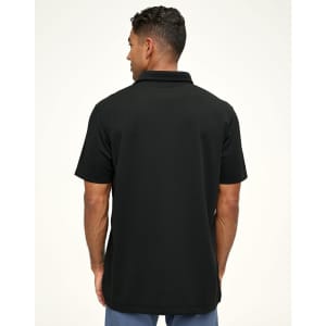 A black men's sustainable Jacquard knit short-sleeve polo shirt shown from the back, featuring a collar and logo.