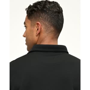 A black men's sustainable jacquard knit short-sleeve polo with a collar, featuring a logo on the back.