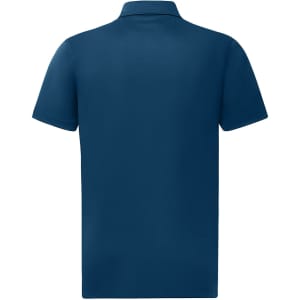 A navy blue men's sustainable jacquard knit short-sleeve polo with a collar and a logo on the chest.