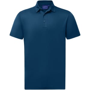 A navy blue sustainable jacquard knit short sleeve polo shirt with a collar and a logo.