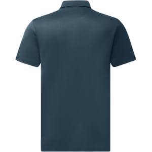 A dark navy blue men's polo shirt featuring a jacquard knit texture and a collar, with a logo on the back.