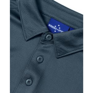 A close-up of a dark grey men's polo shirt featuring a textured jacquard knit and a collar with buttons.
