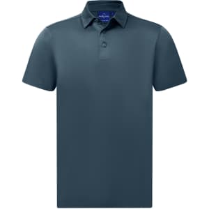 A men's sustainable jacquard knit short-sleeve polo in a dark navy blue colour, featuring a collar and buttons.