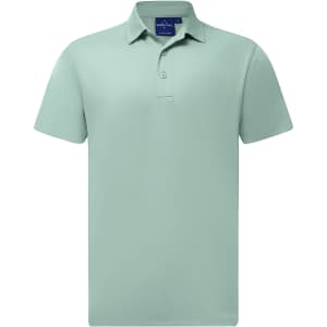 A short-sleeved polo in a soft mint green colour, featuring a collar and a logo at the neck.