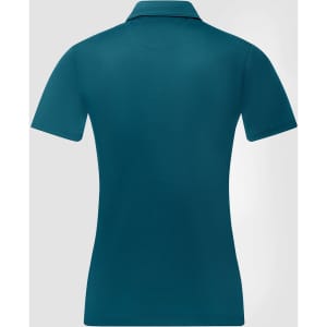A teal women's polo shirt featuring a sustainable jacquard knit with a back view. It has a collar and short sleeves.