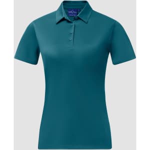 A teal ladies' polo shirt made from sustainable jacquard knit, featuring a collar and button placket.