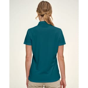 A teal women's polo shirt with a jacquard knit design, featuring a collar and short sleeves.