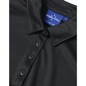 A black ladies' sustainable jacquard knit short-sleeve polo featuring a collared neckline and buttons, with a branding tag.