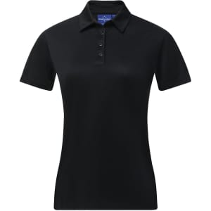 A black ladies' sustainable jacquard knit short-sleeve polo featuring a classic collar and button placket.