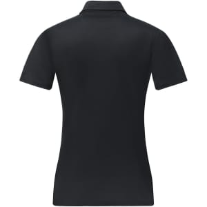 A black ladies' sustainable jacquard knit short-sleeve polo featuring a plain back and a collar, with a logo present.