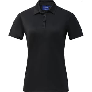 A black ladies' short-sleeve polo shirt with a collared neckline and a logo on the chest.
