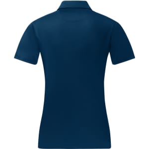 A navy blue ladies' sustainable jacquard knit short sleeve polo shirt with a plain back and a collar.
