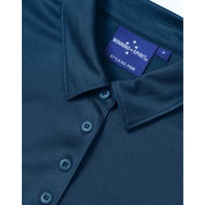 A dark blue sustainable jacquard knit short sleeve polo with a button-up collar and a branded label.