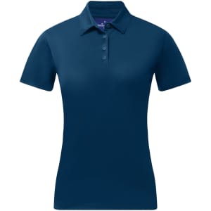 A navy blue ladies' sustainable jacquard knit short-sleeve polo with a collar and three-button placket.