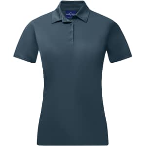 ALadies' sustainable jacquard knit short-sleeve polo in dark blue with a collar and button placket.