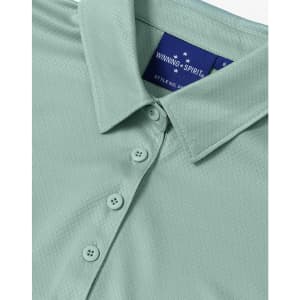 A light green ladies' sustainable jacquard knit short-sleeve polo with a collar and buttons, featuring a logo.