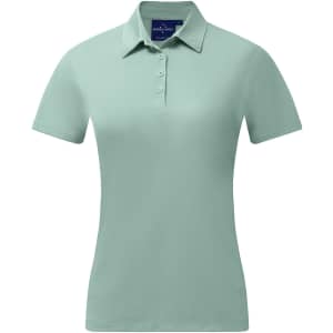 A mint green ladies' sustainable jacquard knit short sleeve polo with a collared neckline and three buttons.