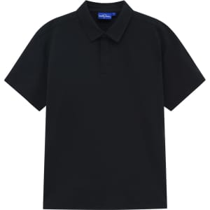 A black polo shirt with a classic collar, featuring short sleeves and a logo on the collar.