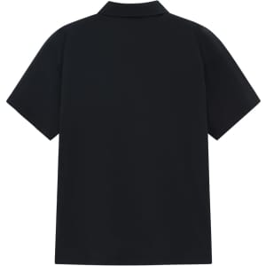 A black men's polo shirt featuring a classic collar and short sleeves, with a logo on the back.