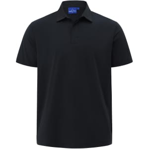 A black men's polo shirt made from high-performance graphene, featuring a short sleeve and collar design.