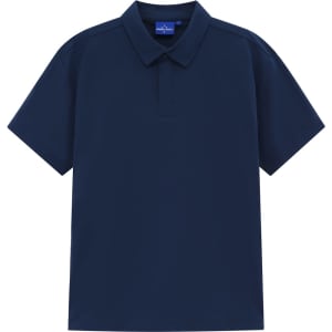 A navy blue men's polo shirt with a collar and short sleeves, featuring a logo on the chest area.
