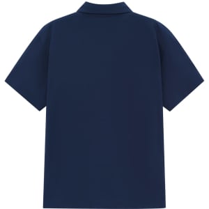 A navy blue short-sleeve polo shirt featuring a collar and a plain back, with a logo on the neck area.