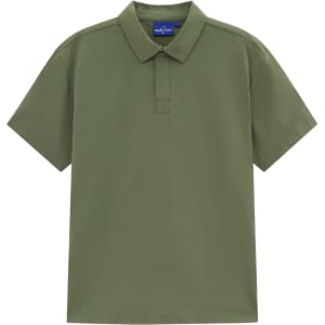 A green high-performance polo shirt with a collar and short sleeves, featuring a logo at the neckline.