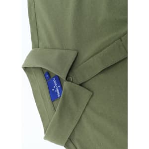 A men's high-performance polo in olive green with a collar and button detail, featuring a logo on the inside label.