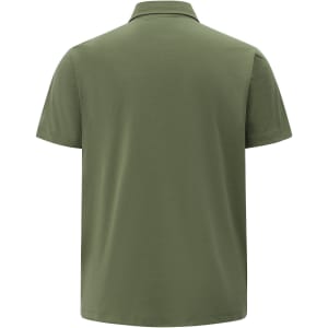 A green men's polo shirt featuring a collar and short sleeves, with a logo on the back.