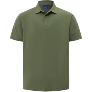 A short-sleeved polo shirt in olive green, featuring a collar and a logo on the chest.