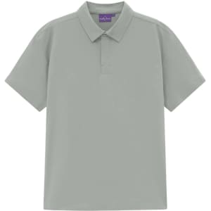 A light grey polo shirt with a collar and short sleeves, featuring a logo on the chest.
