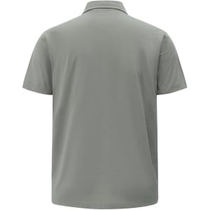 A grey men's polo shirt featuring a collar and short sleeves, displaying a simple design with a logo.