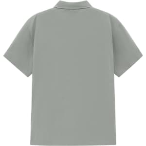 A men's high-performance polo in a muted green hue, featuring a collar and short sleeves. It has a logo on the back.