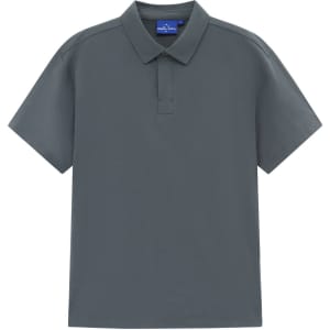 A men's short-sleeve polo in dark grey, featuring a collar and a logo on the chest.