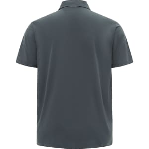 A grey men's polo shirt with a short sleeve and a collar, featuring a logo on the back.