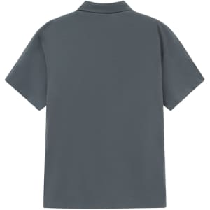 A grey men's polo shirt with a classic collar and short sleeves, featuring a logo on the back.