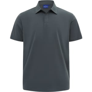 A men's short-sleeve polo in dark grey with a collar and a logo. Made from high-performance graphene fabric.